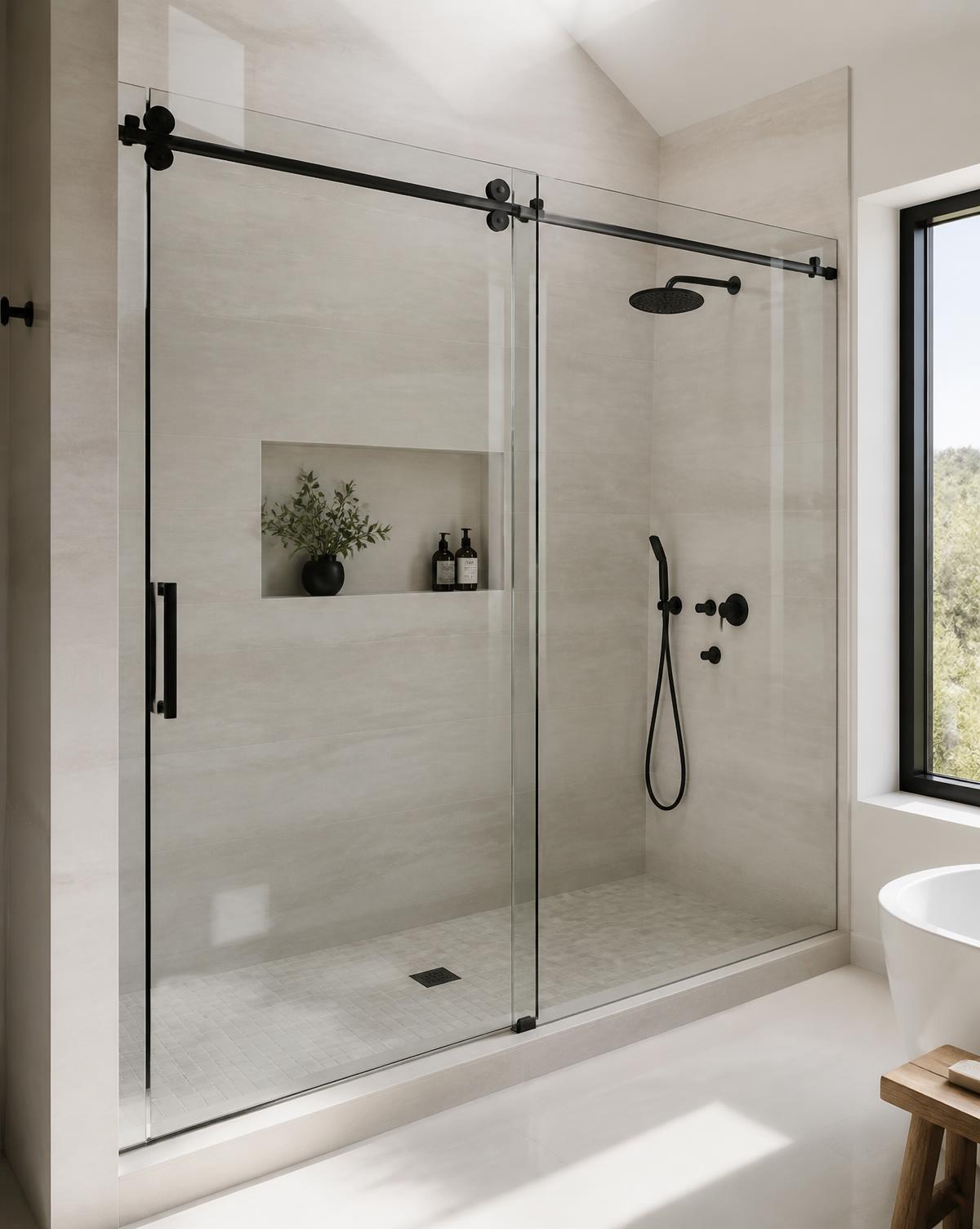Douche en verre sur mesure avec porte coulissante sur rail noir mat