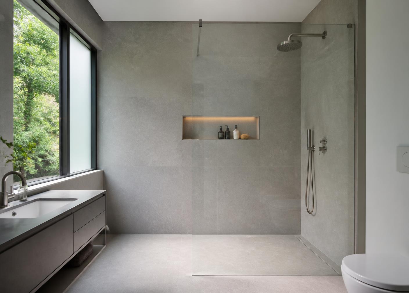 Douche italienne avec panneau fixe en verre clair dans une salle de bain contemporaine