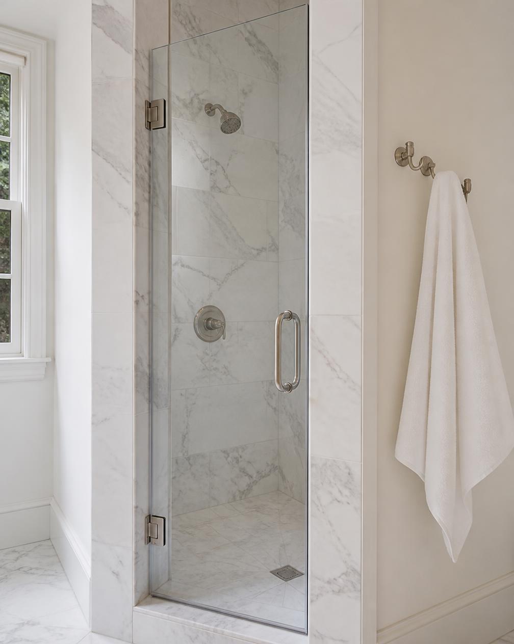 Porte de douche pivotante en verre avec charnières et poignée en nickel brossé