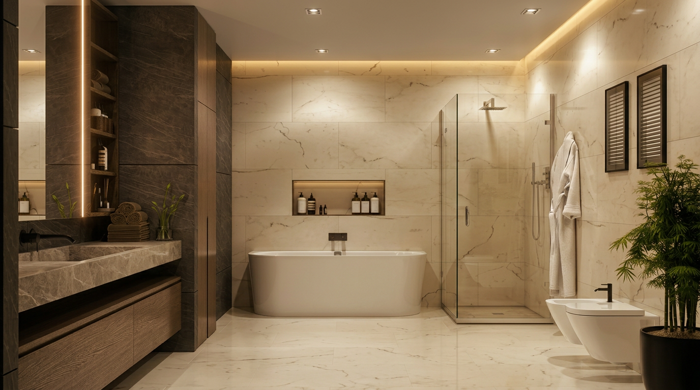 Salle de bain en marbre chaud avec douche en verre sur mesure