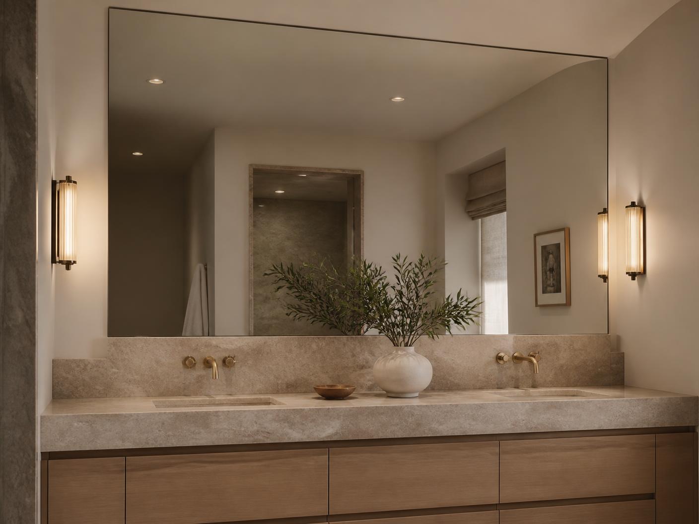 Grand miroir sur mesure au-dessus d'une vanité de salle de bain