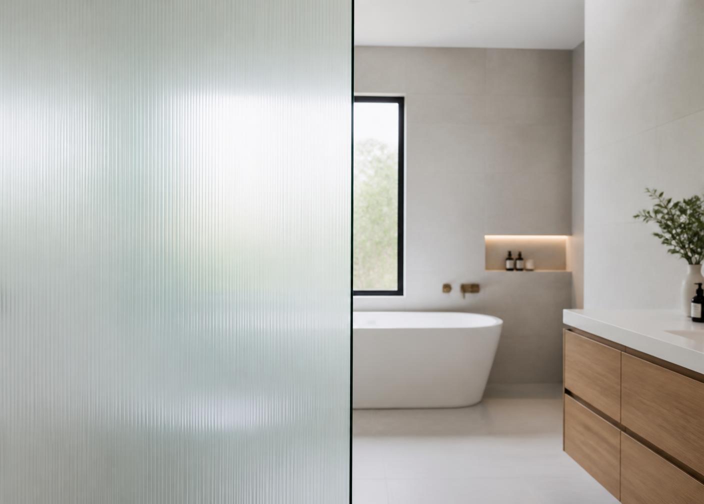 Panneau de verre satiné séparant une salle de bain lumineuse